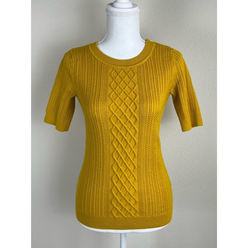 Banana Republic Sweater XS Mustard Yellow Cashmere Blend Cable Knit Short Sleeve